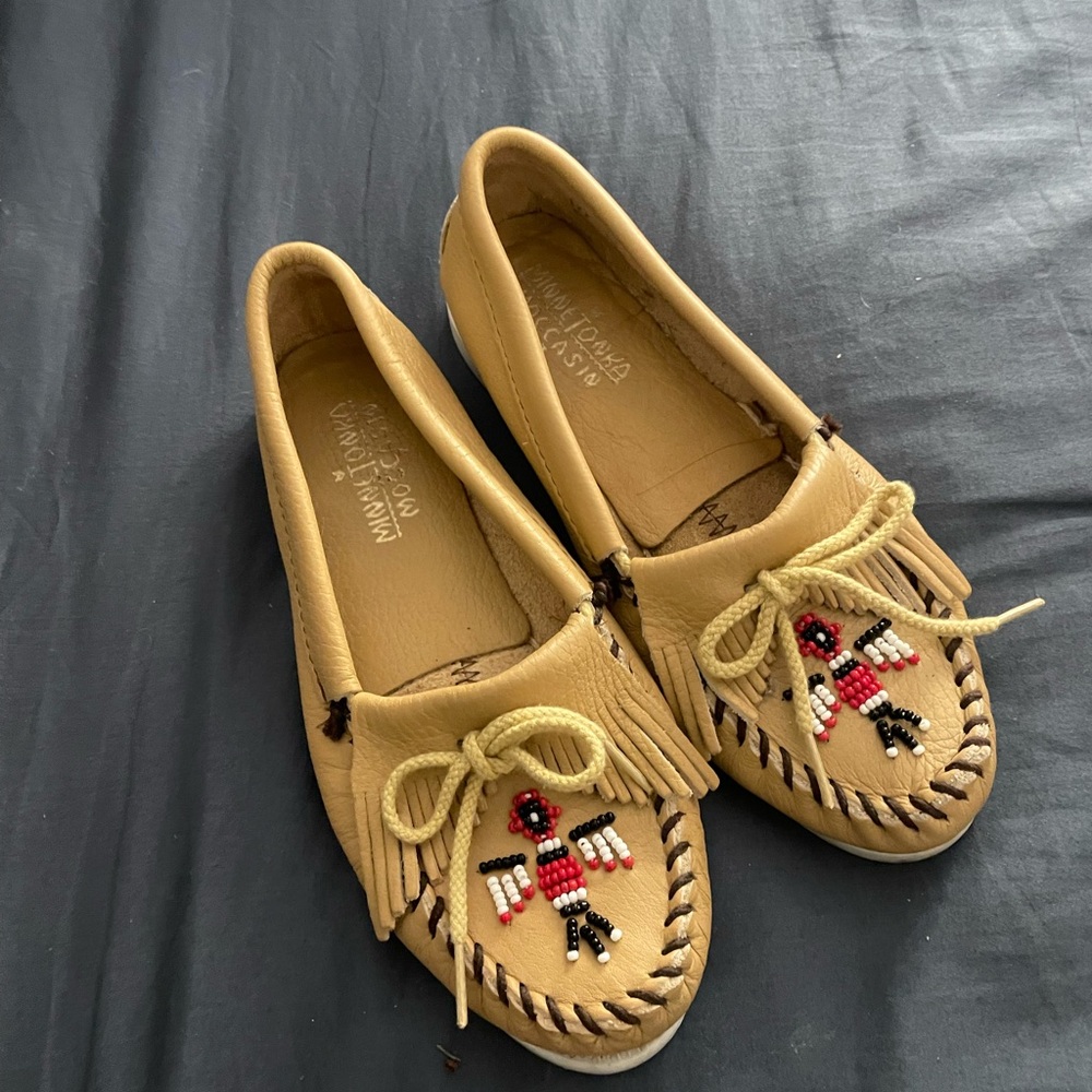 Tan Beaded Moccasins with Fringe